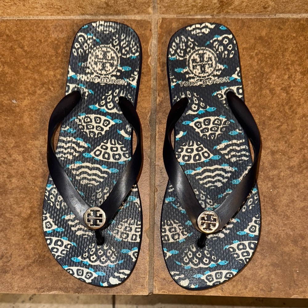 Tory Burch Black and Blue Sandals with Geometric Pattern